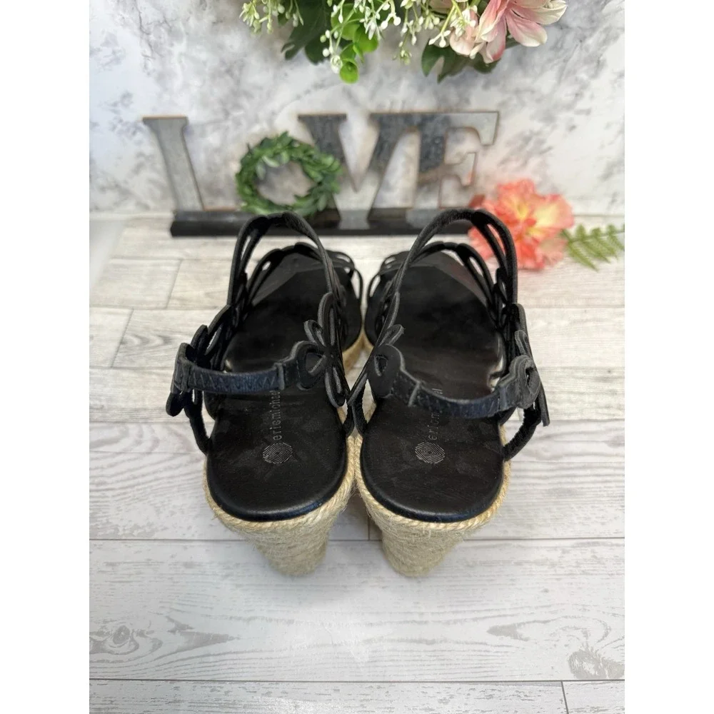 Eric Michael Jillian‎ Black Floral Leather Upper Rope Wedge Heels 9/9.5 EU40 EUC
